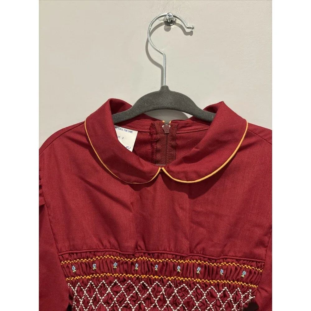 VINTAGE GIRL'S RED SMOCKED LONG SLEEVE DRESS - POLLY FLINDERS - SIZE 8